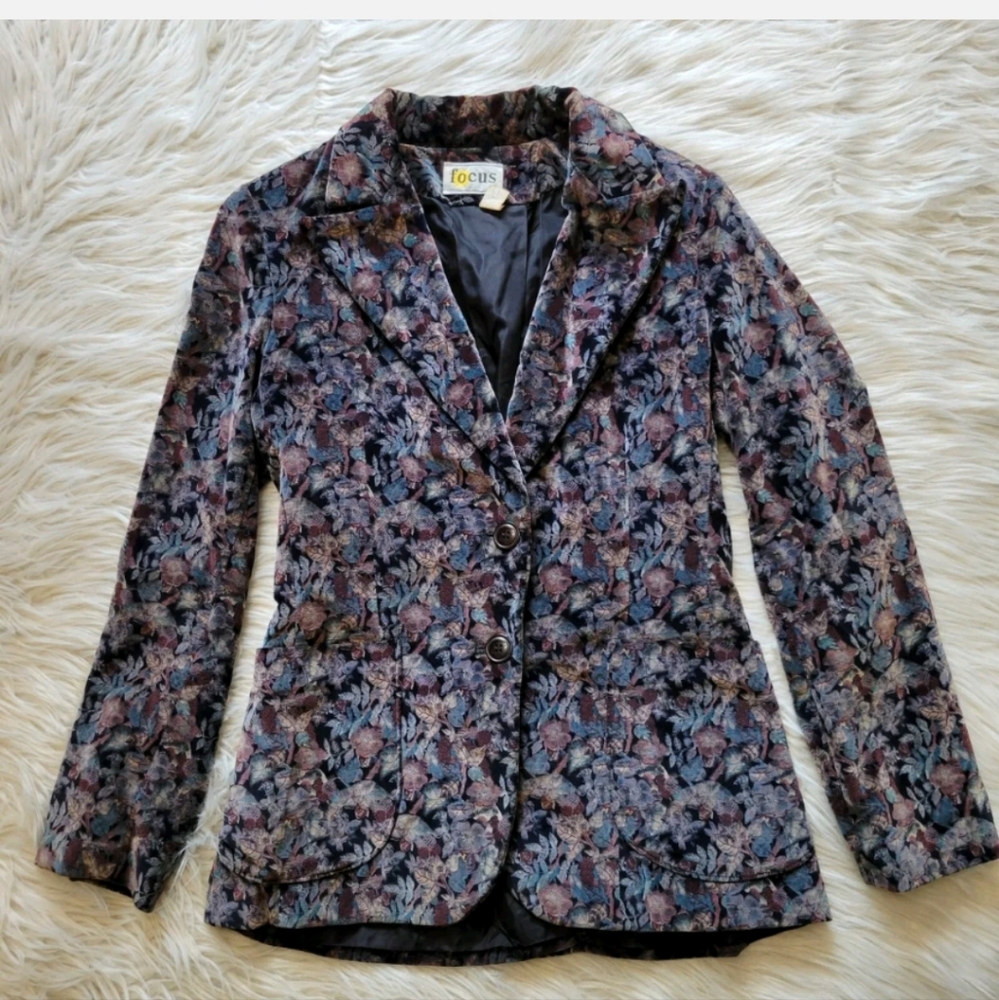 Vtg Suede Blazer Focus Fitted Floral Blue Purple Boho Retro 70s Sz 11 S / M ?